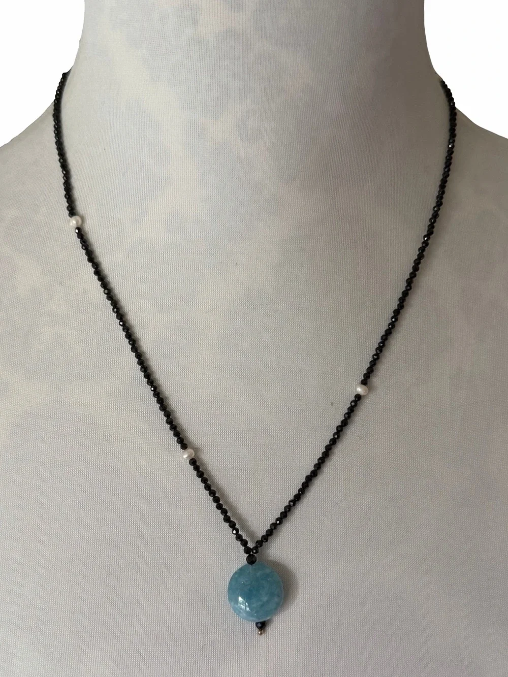 Faceted Black Spinel Beaded Necklace with Blue Gemstone Pendant & Pearl Accents